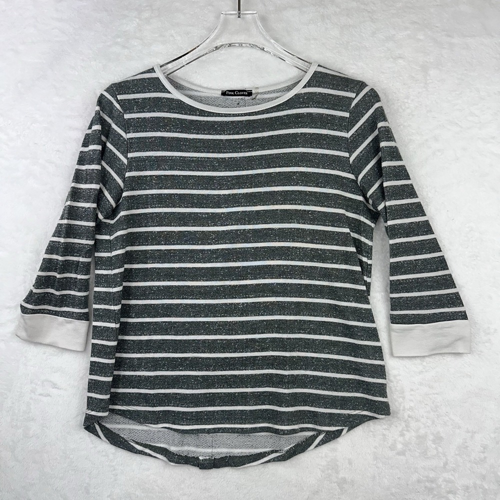 Pink Clover Botton Back Brushed Knit Top Gray Stripe M
